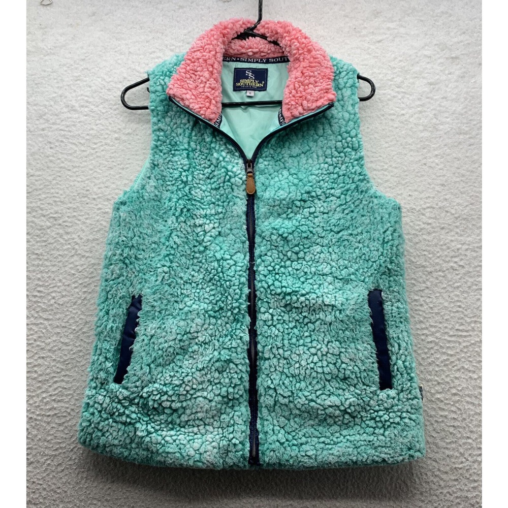 Simply Southern Sherpa Vest Womens Small S Aqua Blue Pink Deep Pile Soft Preppy